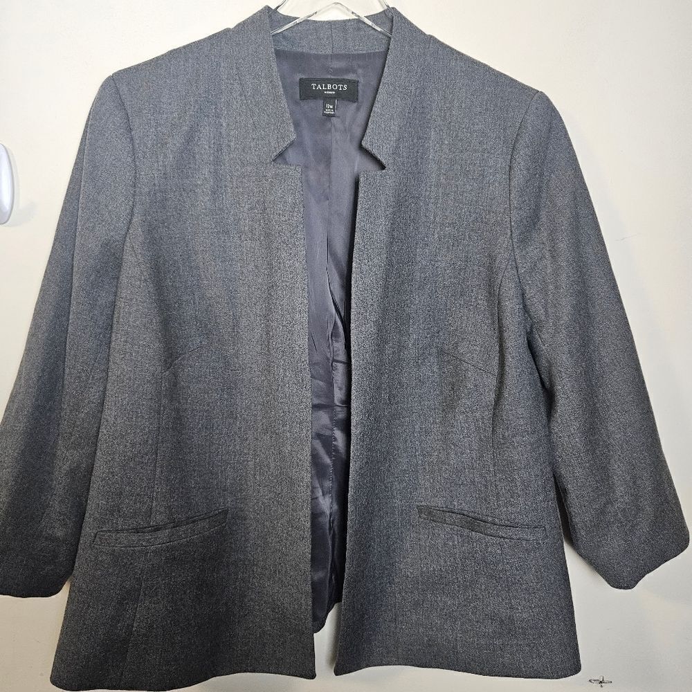 Talbots Wool Open Front Career Blazer Notched Collar Grey 12W